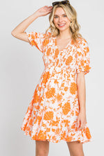 Orange Floral Smocked Puff Sleeve Dress - Day Dress, Dress, Person, Sunglasses | Everetts Place