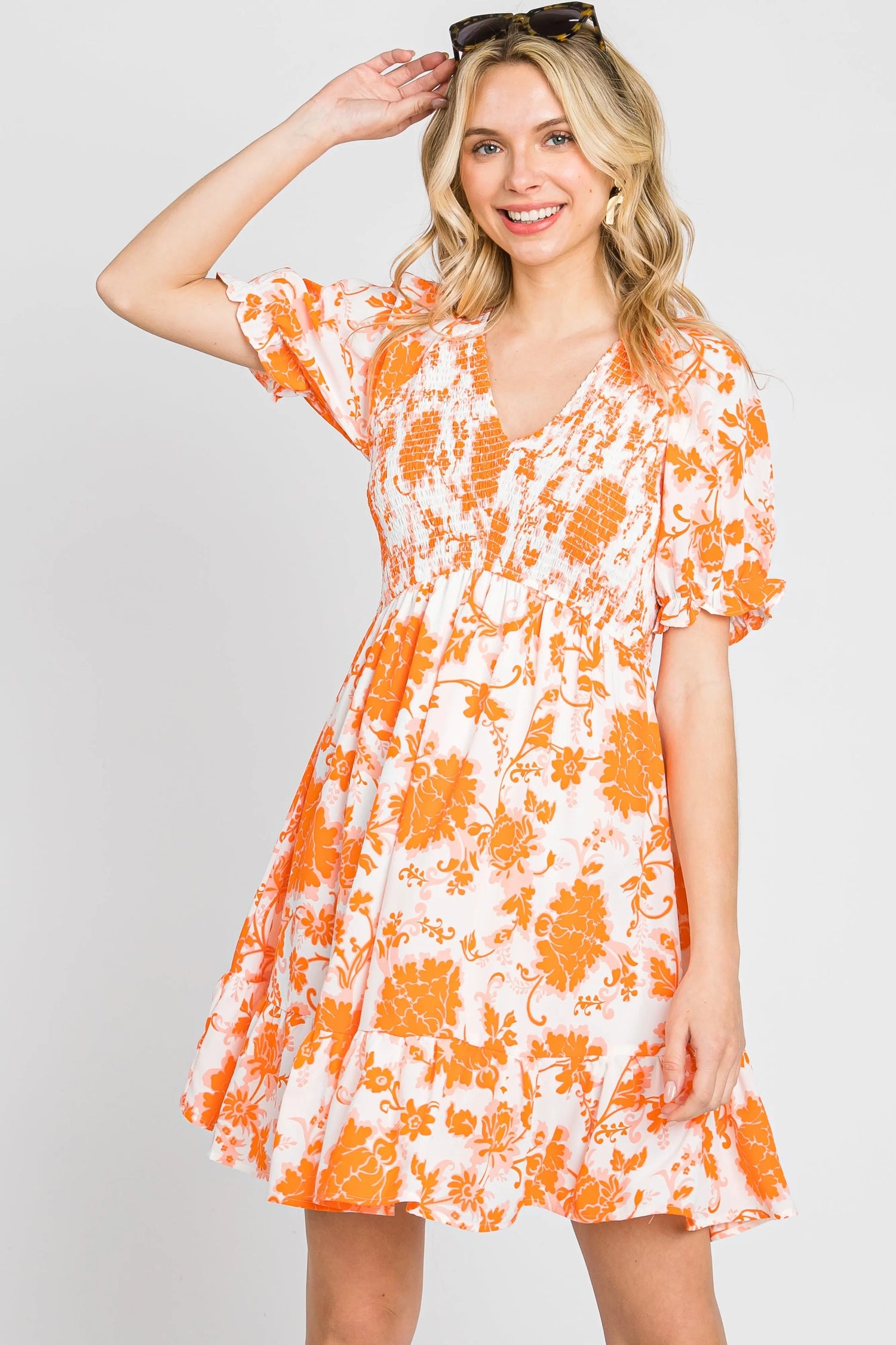 Orange Floral Smocked Puff Sleeve Dress - Day Dress, Dress, Person, Sunglasses | Everetts Place