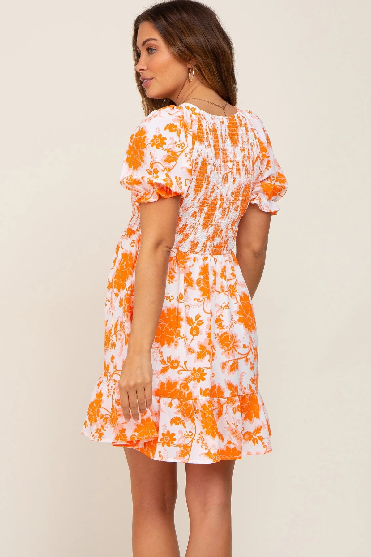 PinkBlush Orange Floral Smocked Puff Sleeve Maternity Dress - 
