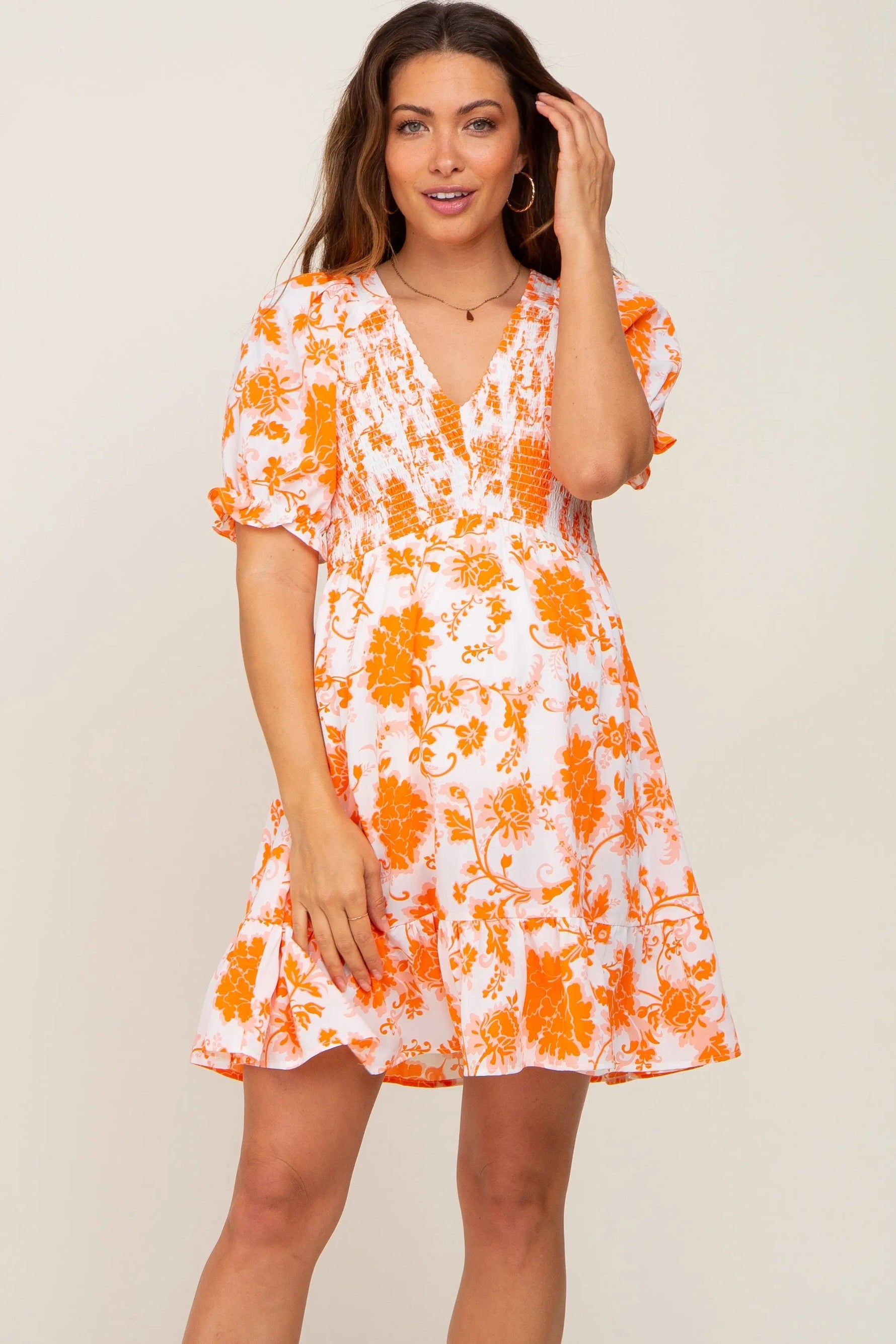 Orange Floral Smocked Puff Sleeve Maternity Dress - Orange, Day Dress, Person, Dress, Necklace | Everetts Place