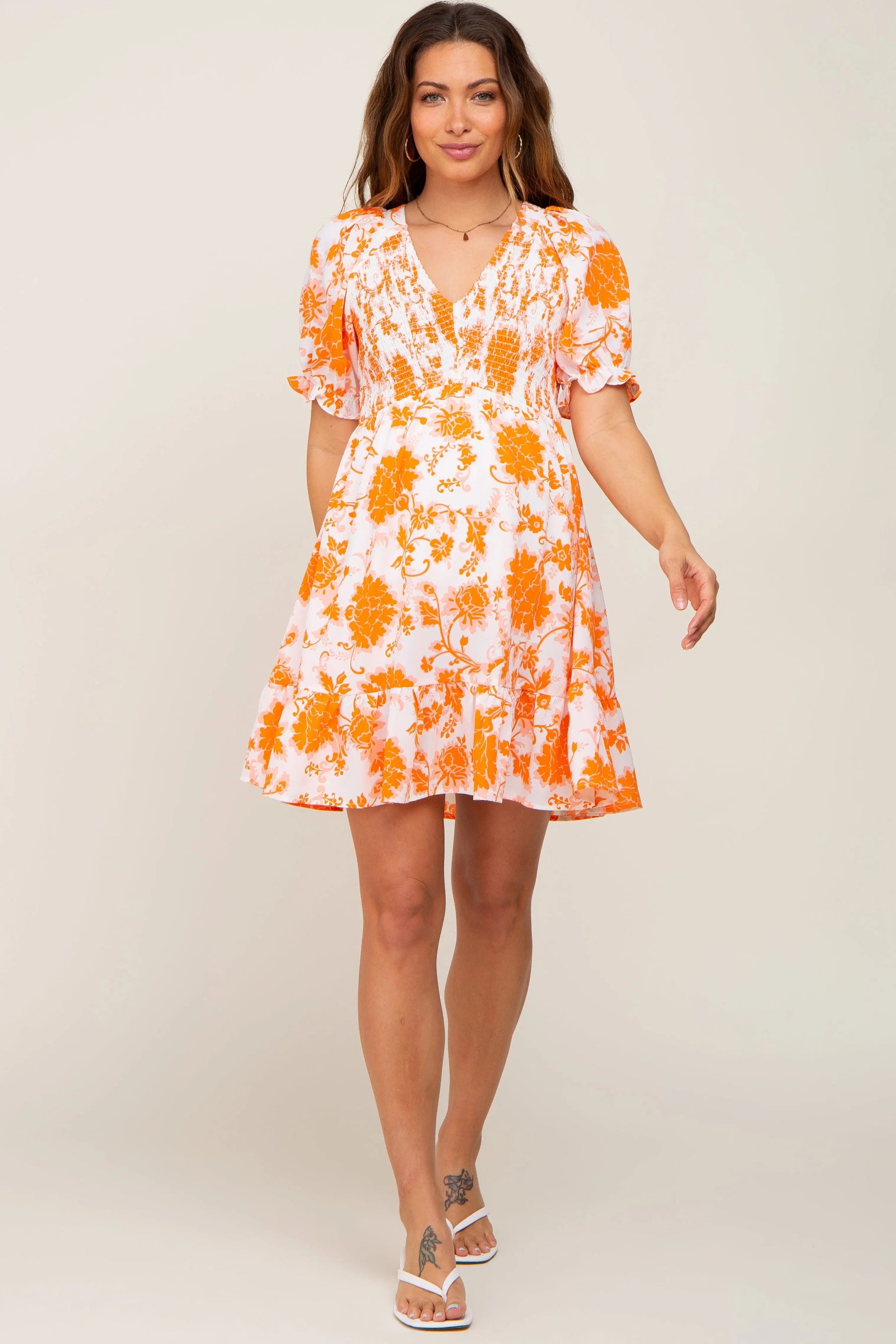 PinkBlush Orange Floral Smocked Puff Sleeve Maternity Dress - 