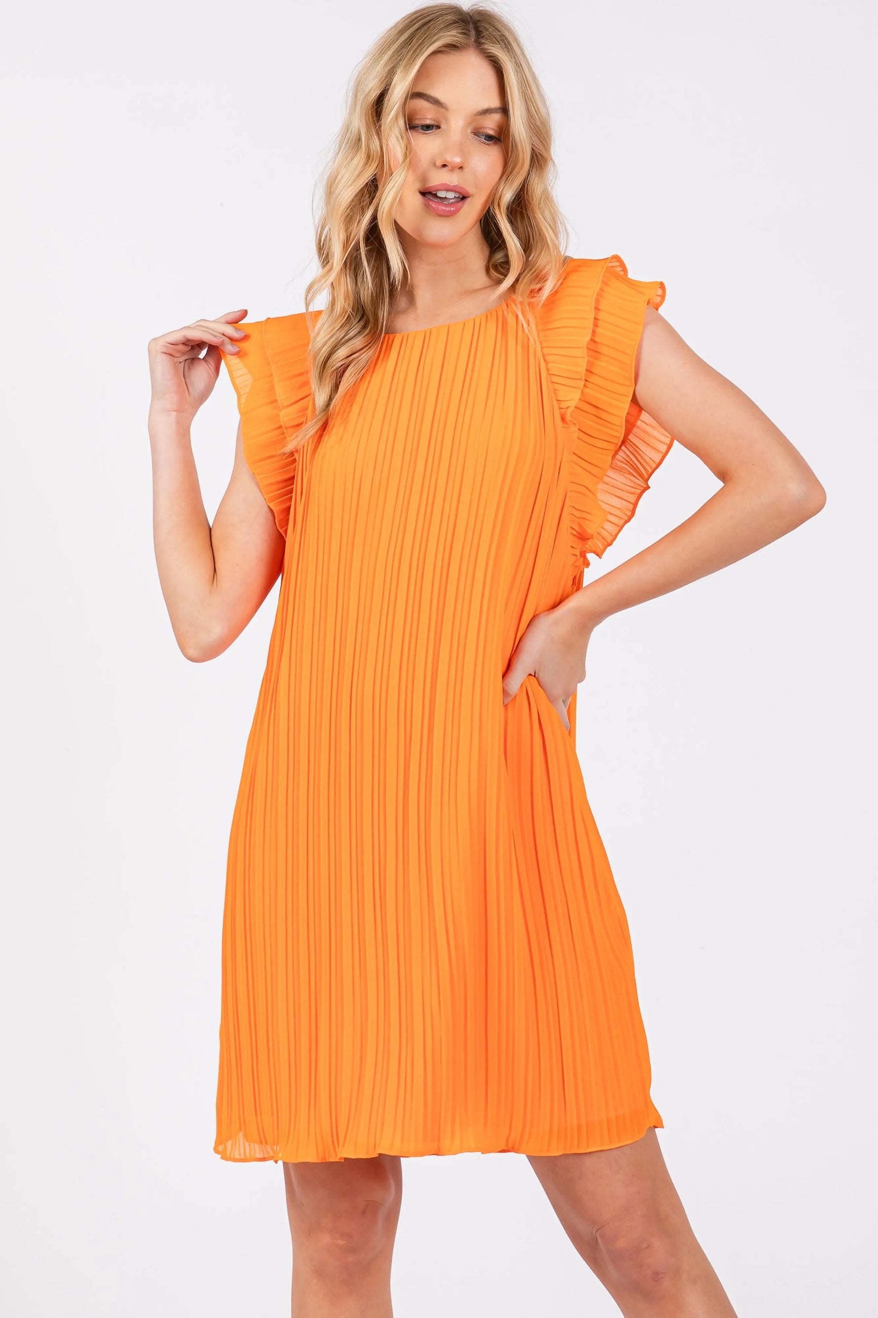 PinkBlush Orange Flutter Sleeve Pleated Chiffon Mini Dress - 