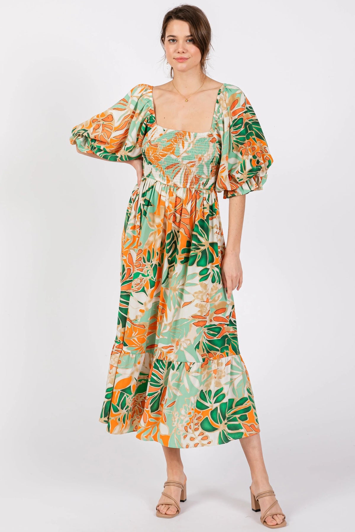 PinkBlush Orange Leaf Print Puff Sleeve Smocked Maternity Midi Dress - 