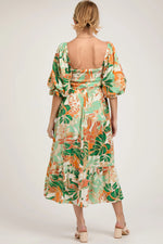 PinkBlush Orange Leaf Print Puff Sleeve Smocked Maternity Midi Dress - 