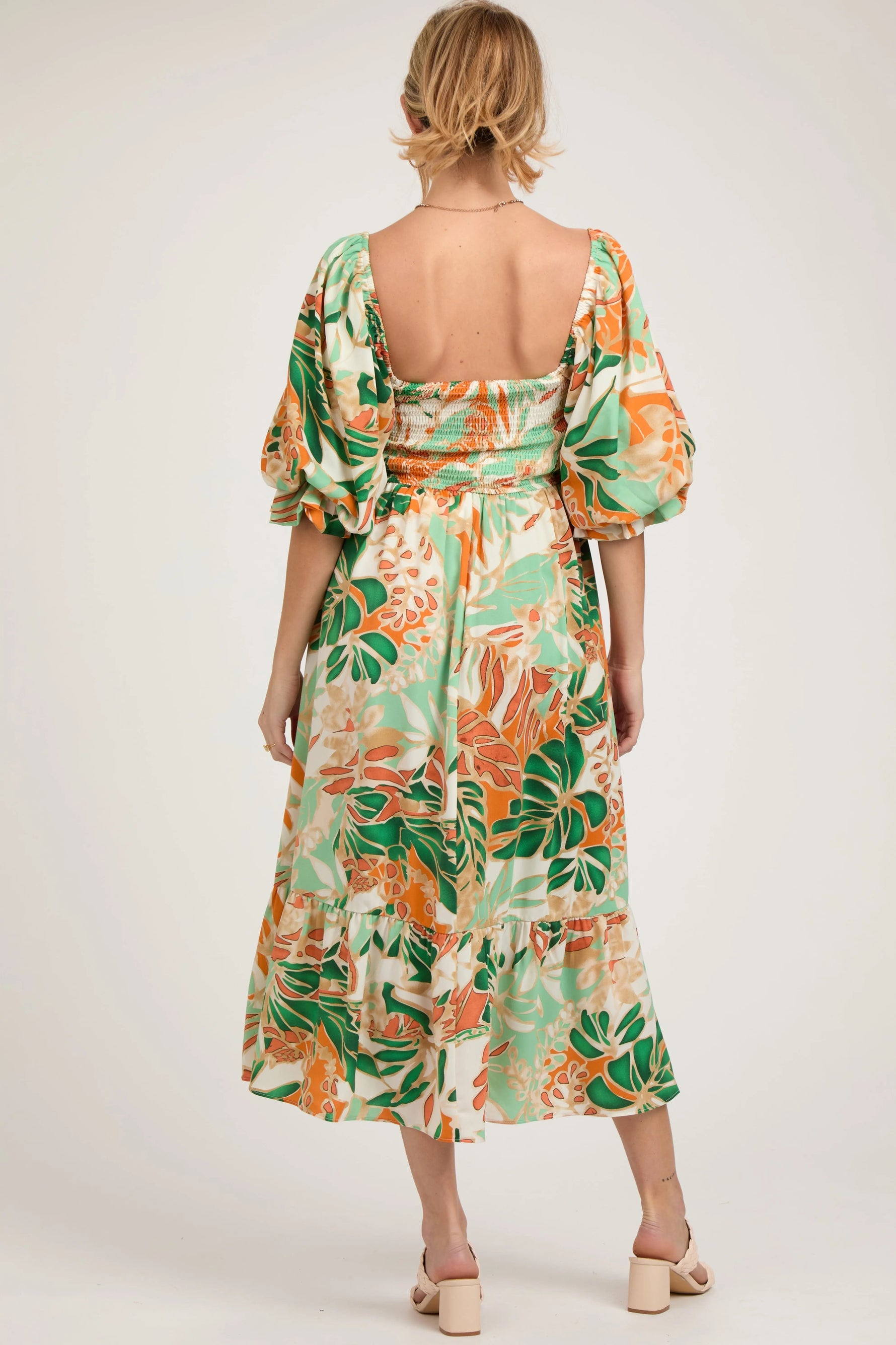 PinkBlush Orange Leaf Print Puff Sleeve Smocked Maternity Midi Dress - 