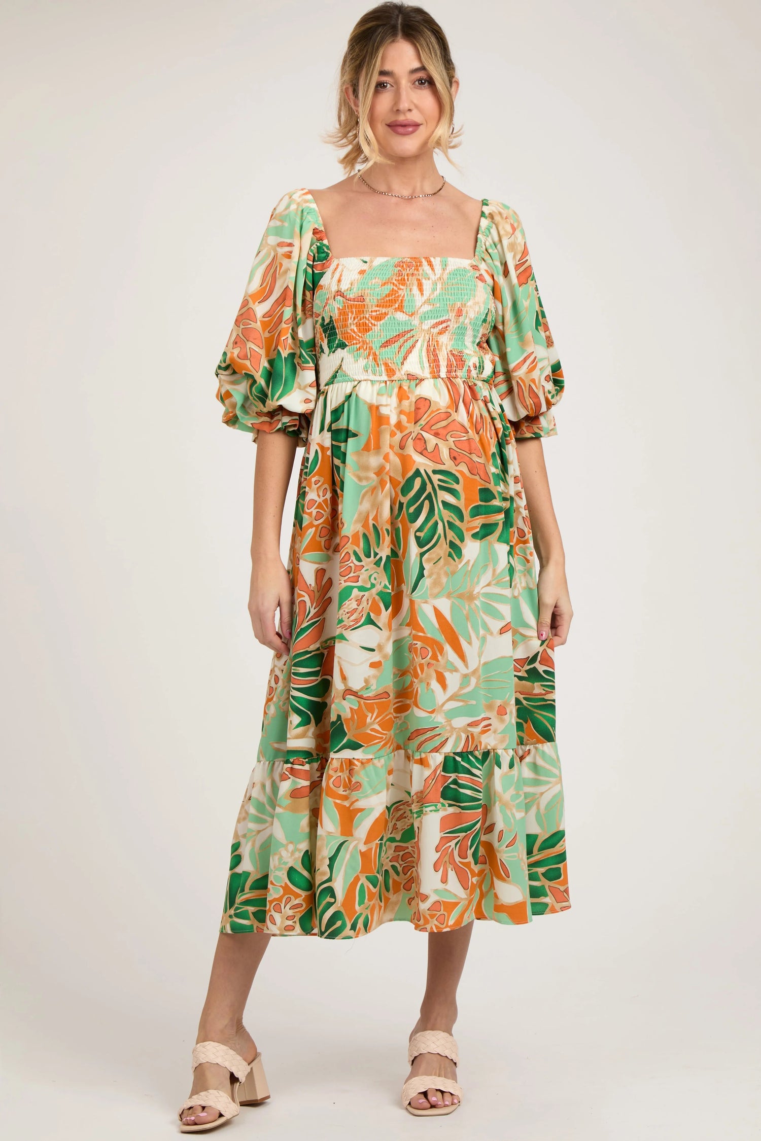 PinkBlush Orange Leaf Print Puff Sleeve Smocked Maternity Midi Dress - 