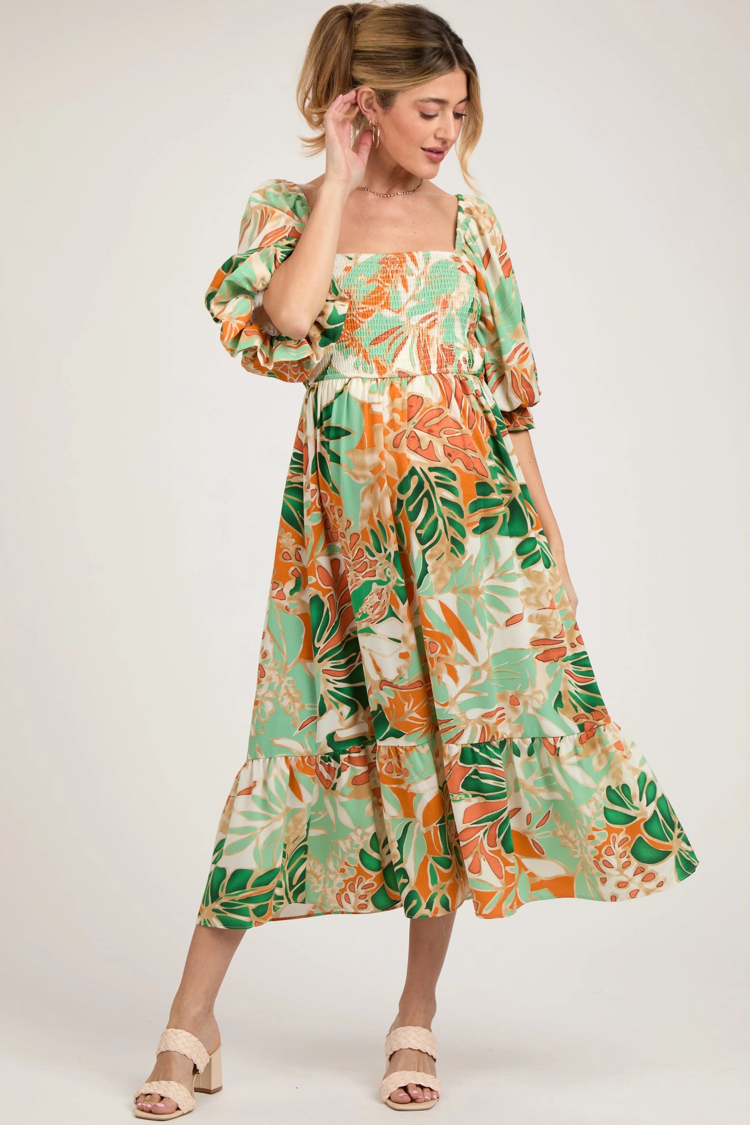 Orange Leaf Print Puff Sleeve Smocked Maternity Midi Dress - Fashion, Dress, Day Dress, One-piece garment, Waist | Everetts Place