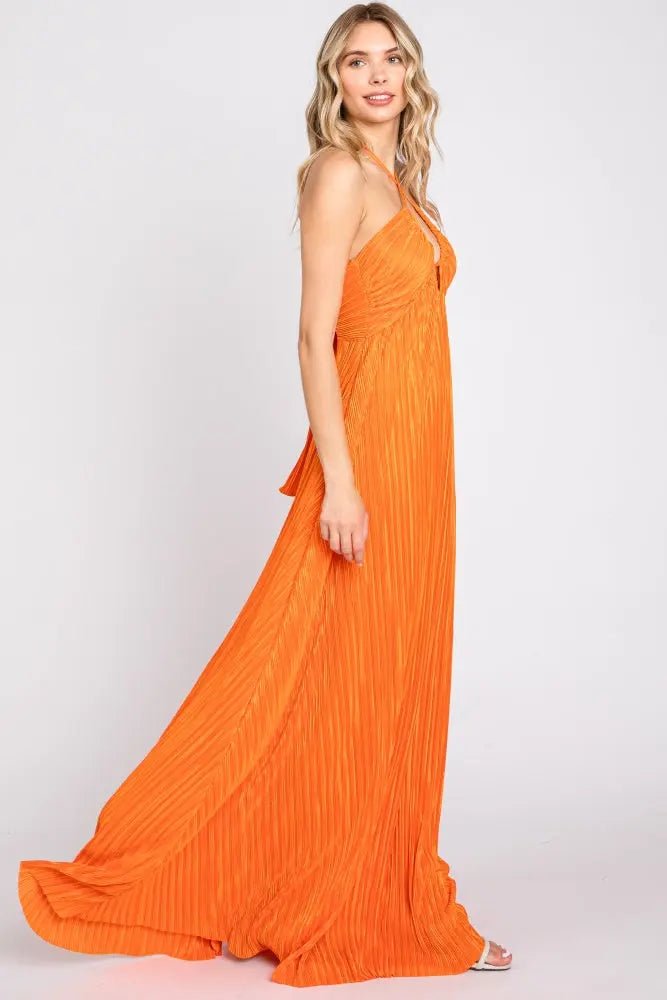 PinkBlush Orange Plisse Halter Back Tie Maxi Dress - 
