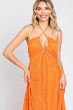 PinkBlush Orange Plisse Halter Back Tie Maxi Dress - 