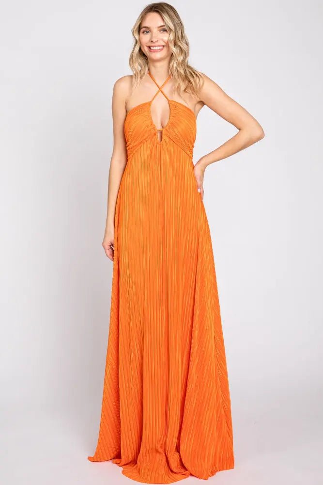 PinkBlush Orange Plisse Halter Back Tie Maxi Dress - 