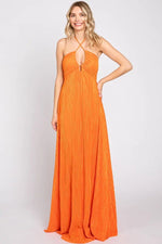 PinkBlush Orange Plisse Halter Back Tie Maxi Dress - 