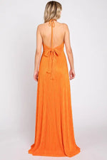 PinkBlush Orange Plisse Halter Back Tie Maxi Dress - 