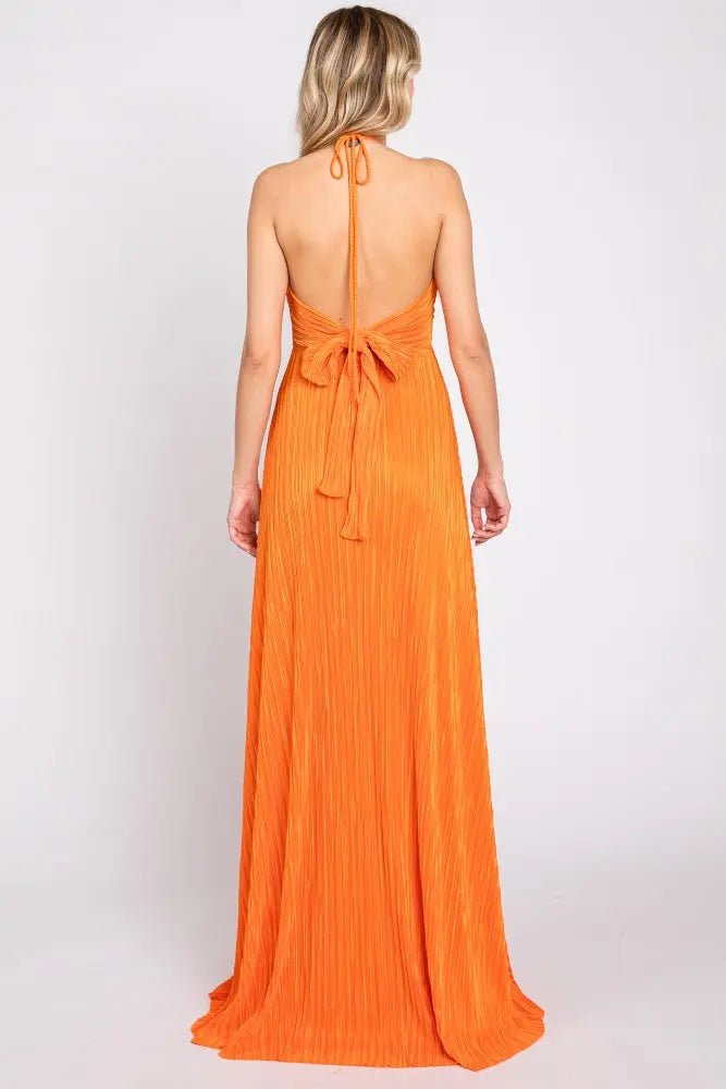 PinkBlush Orange Plisse Halter Back Tie Maxi Dress - 