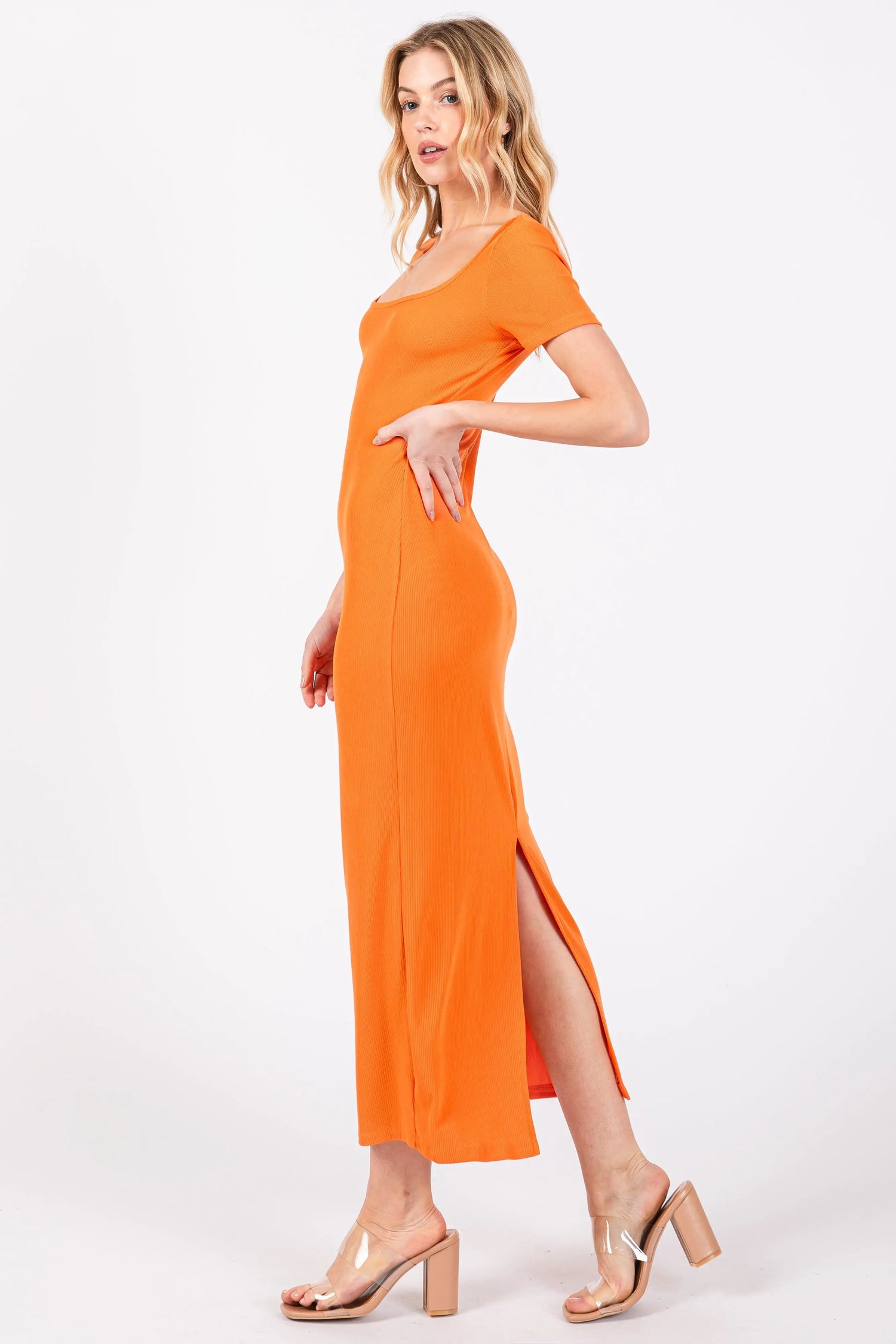 PinkBlush Orange Ribbed Fitted Midi Dress - 