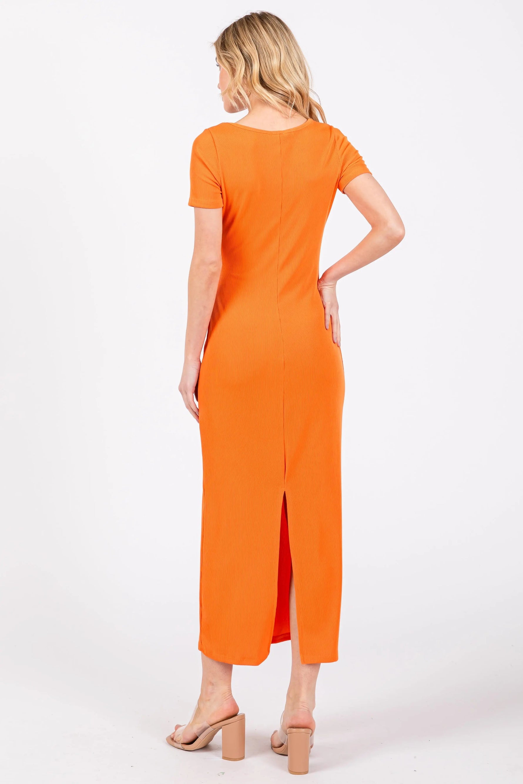 PinkBlush Orange Ribbed Fitted Midi Dress - 