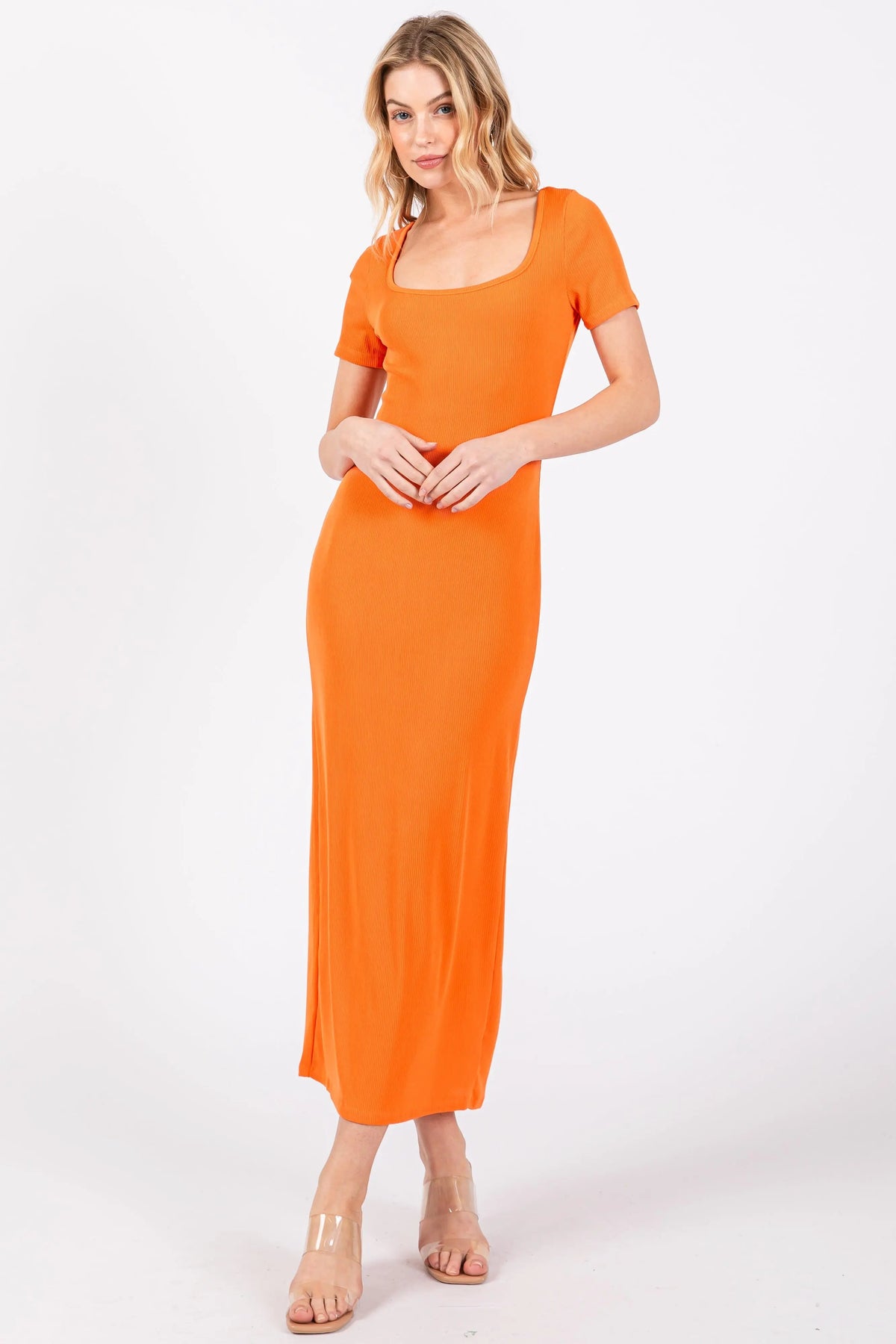 Orange Ribbed Fitted Midi Dress - Orange, Day Dress, One-piece garment, Person, Shoe | Everetts Place