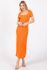 Orange Ribbed Fitted Midi Dress - Orange, Day Dress, One-piece garment, Person, Shoe | Everetts Place