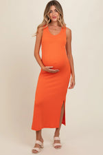 PinkBlush Orange Ribbed Side Slit Maternity Maxi Dress - 