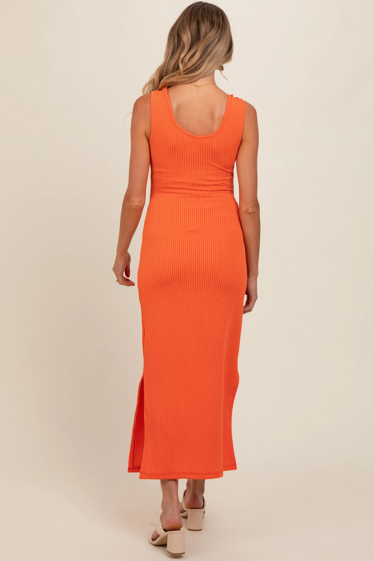 PinkBlush Orange Ribbed Side Slit Maternity Maxi Dress - 