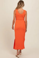 PinkBlush Orange Ribbed Side Slit Maternity Maxi Dress - 