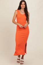 PinkBlush Orange Ribbed Side Slit Maternity Maxi Dress - 