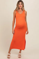 PinkBlush Orange Ribbed Side Slit Maternity Maxi Dress - 