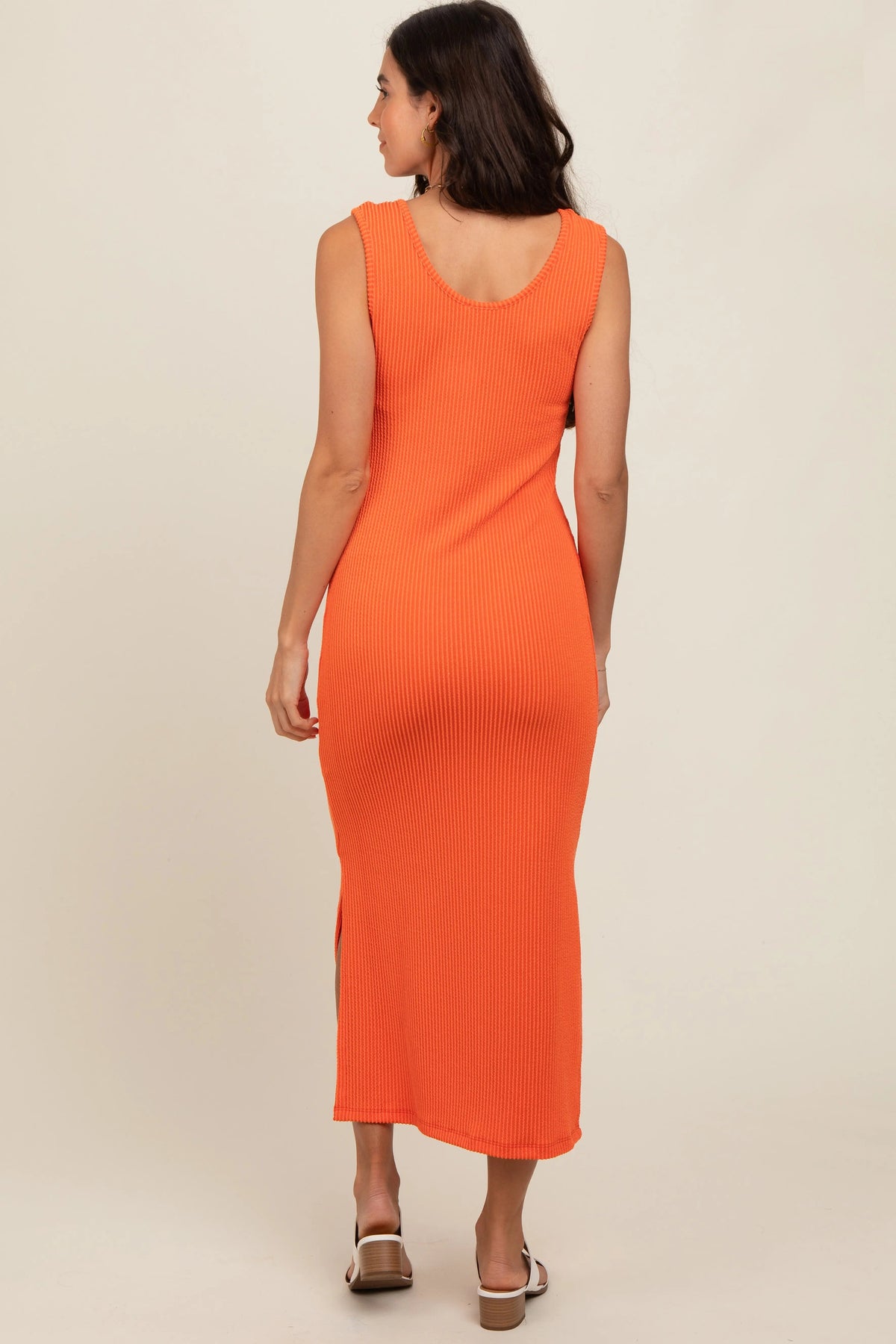 PinkBlush Orange Ribbed Side Slit Maxi Dress - 