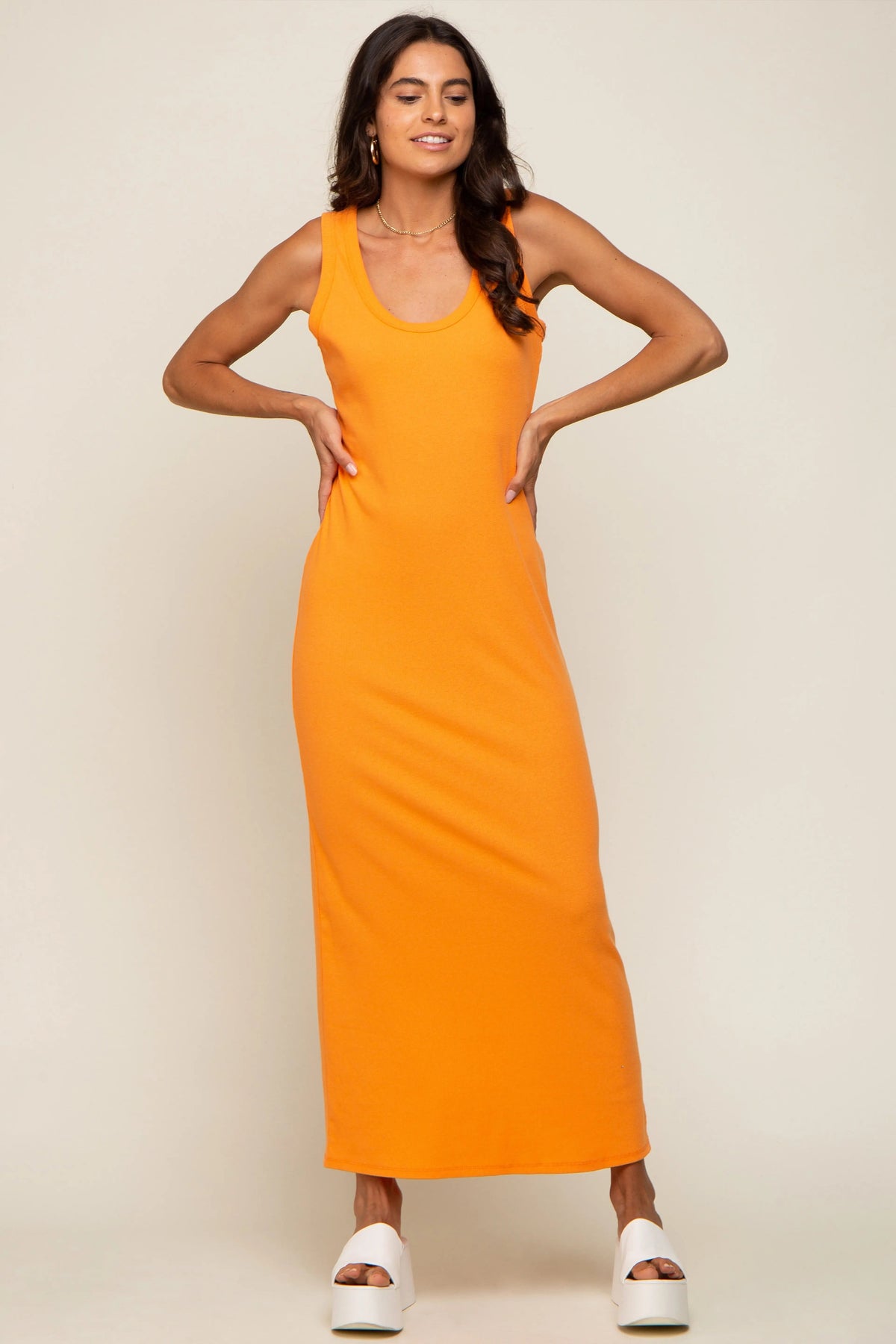 PinkBlush Orange Sleeveless Ribbed Maternity Maxi Dress - 