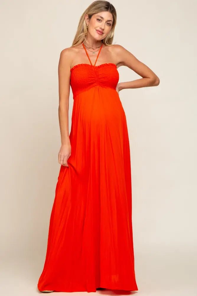 PinkBlush Orange Smocked Halter Maternity Maxi Dress - 
