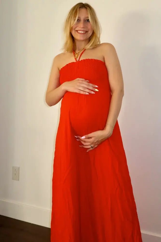 PinkBlush Orange Smocked Halter Maternity Maxi Dress - 
