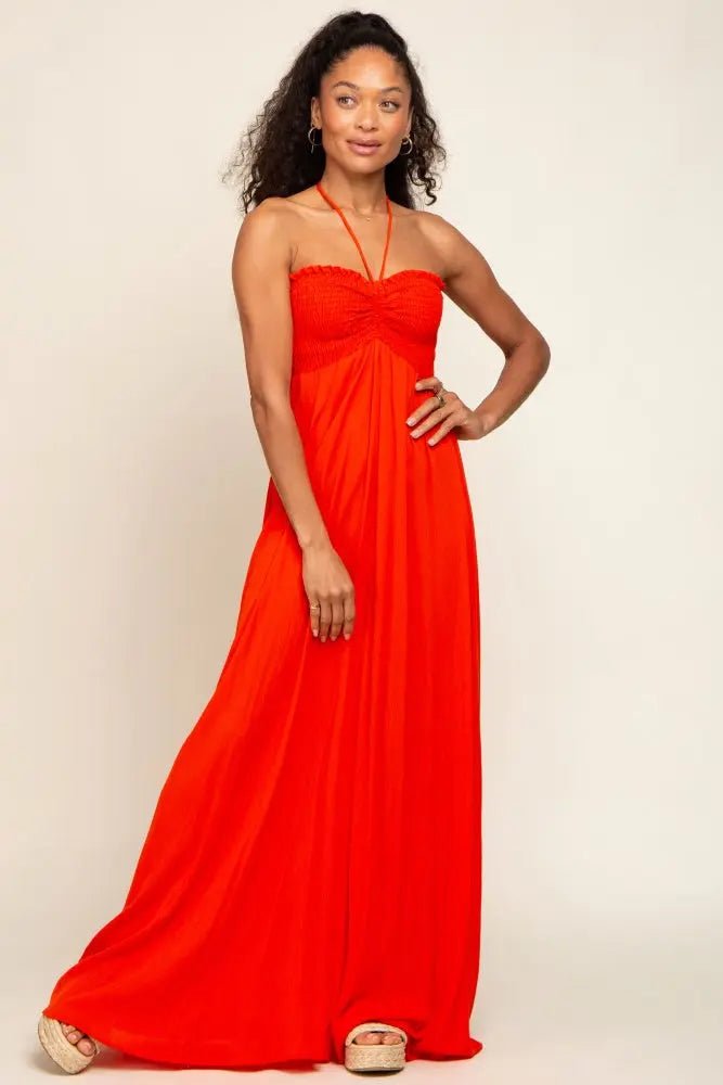 PinkBlush Orange Smocked Halter Maternity Maxi Dress - 