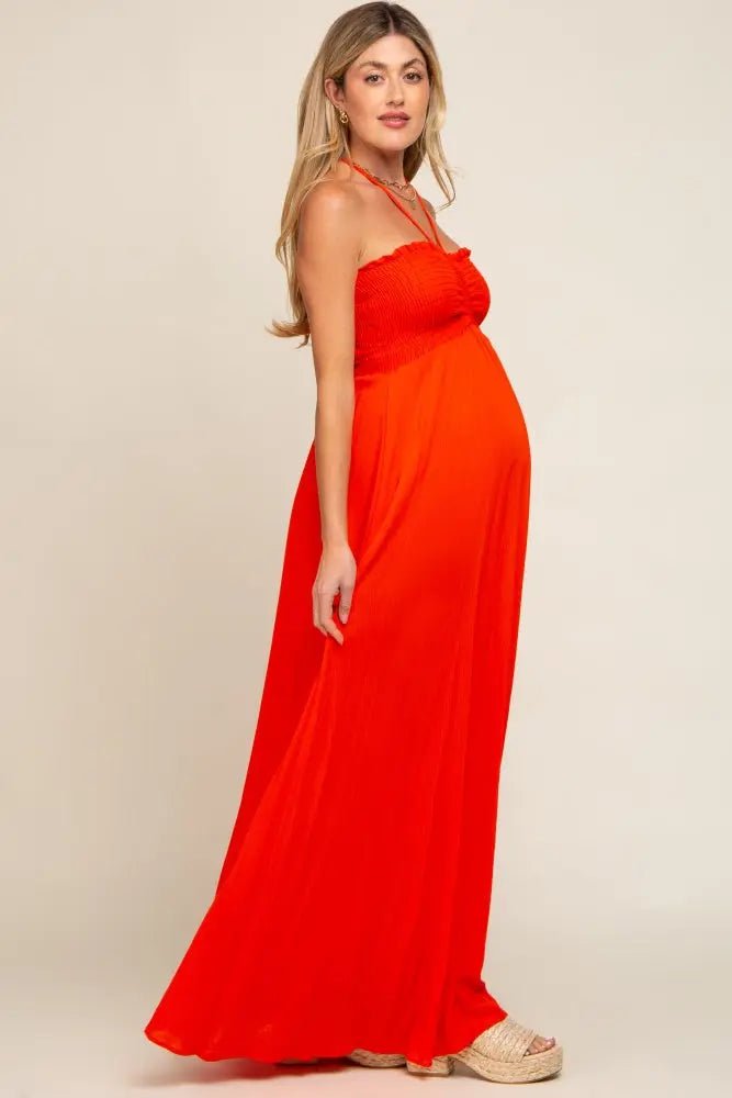 PinkBlush Orange Smocked Halter Maternity Maxi Dress - 