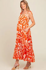 PinkBlush Orange Tropical Floral Shoulder Tie Tiered Maternity Midi Dress - 