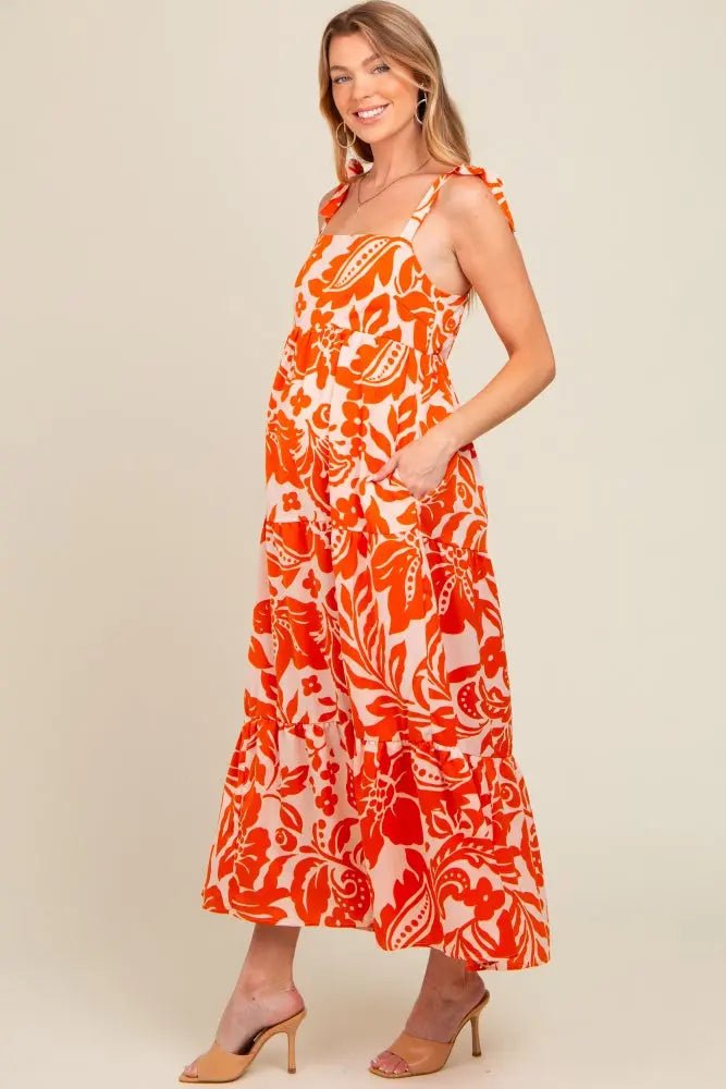 PinkBlush Orange Tropical Floral Shoulder Tie Tiered Maternity Midi Dress - 