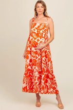 PinkBlush Orange Tropical Floral Shoulder Tie Tiered Maternity Midi Dress - 