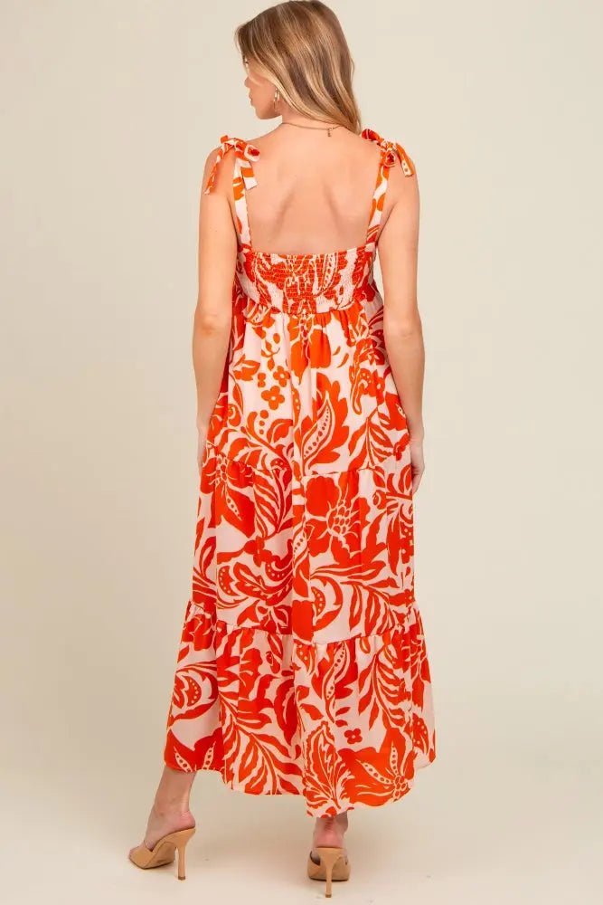 PinkBlush Orange Tropical Floral Shoulder Tie Tiered Maternity Midi Dress - 