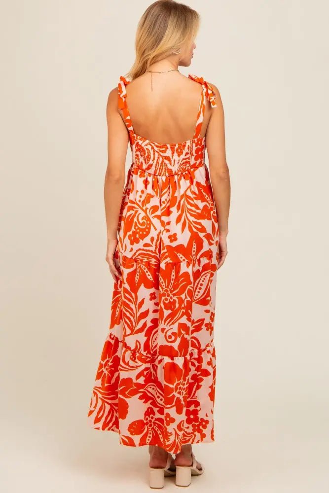 PinkBlush Orange Tropical Floral Shoulder Tie Tiered Midi Dress - 