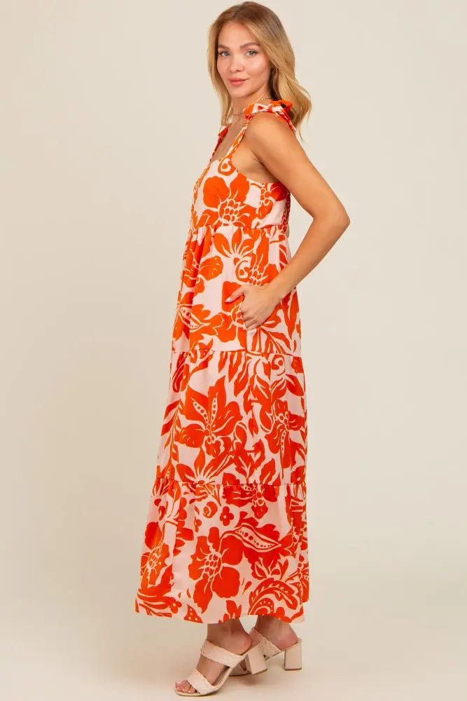 PinkBlush Orange Tropical Floral Shoulder Tie Tiered Midi Dress - 