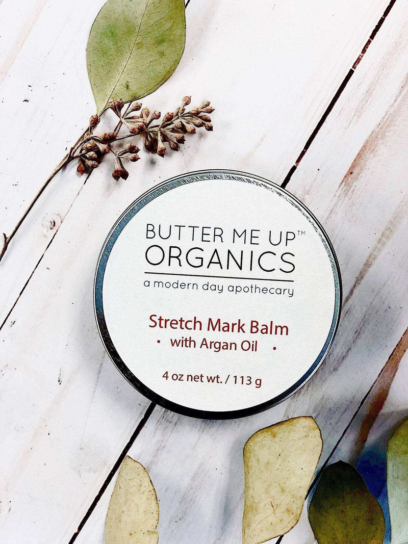 Organic body butter with argan oil for stretch marks, moisturizing and rejuvenating skin care.