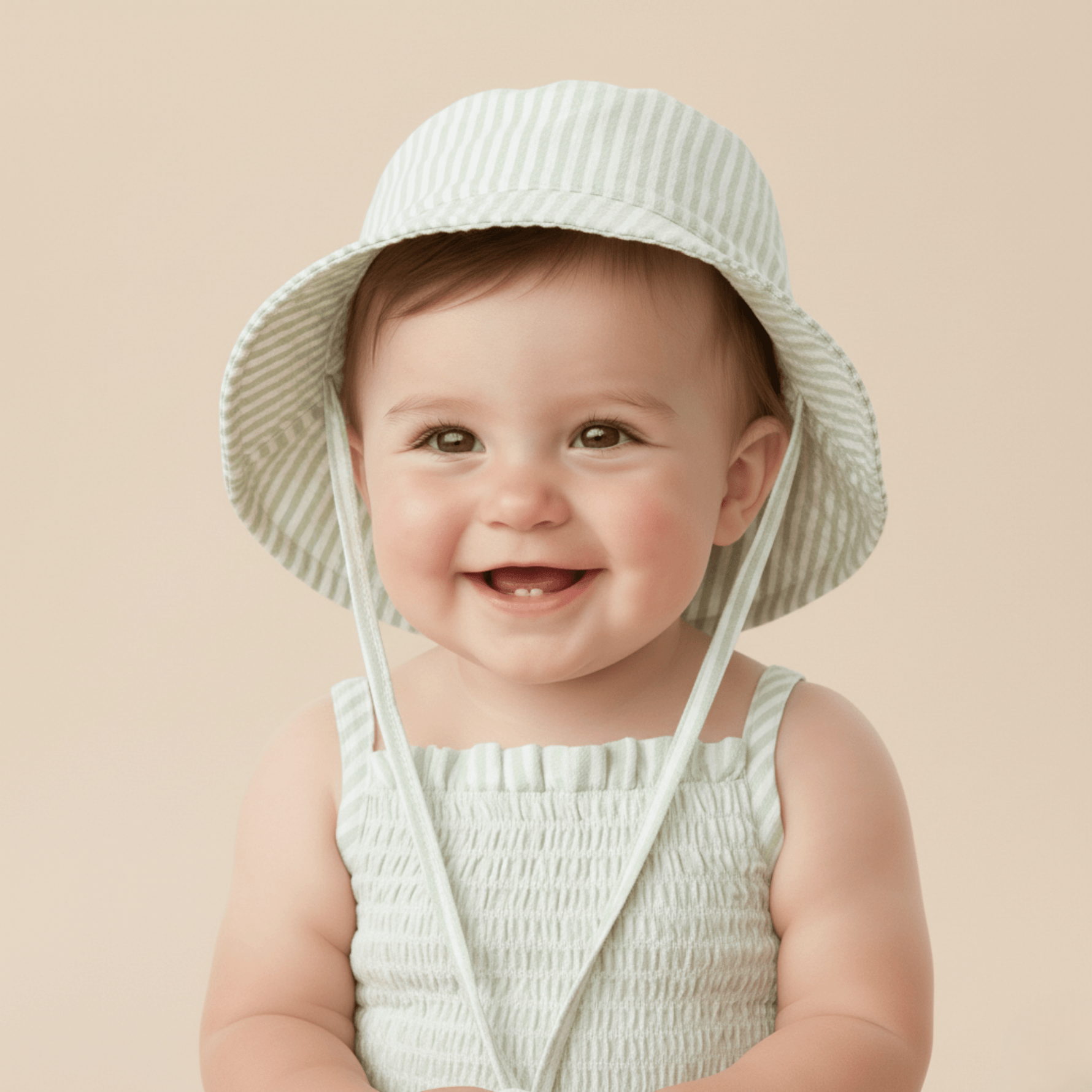Organic Bucket Sun Hat - Basil Stripes - Hat, Baby & Toddler Clothing, Headgear, Child, Facial expression | Everetts Place