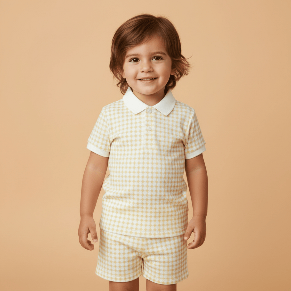 Organic Collar Tee & Shorts Set - Dotty Gingham - Sleeve, Collar, Plaid, Child, Brown hair | Everetts Place