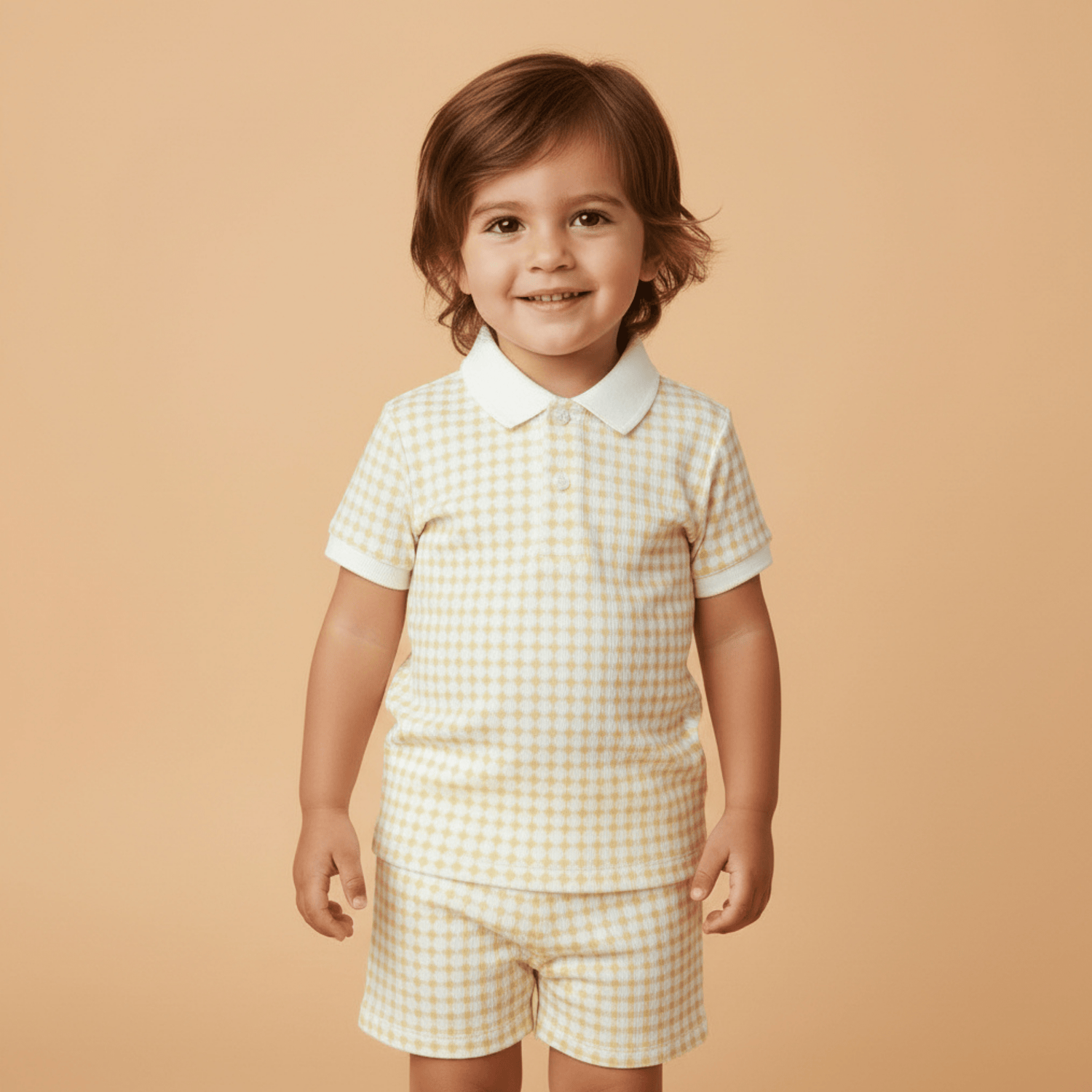 Organic Collar Tee & Shorts Set - Dotty Gingham - Sleeve, Collar, Plaid, Child, Brown hair | Everetts Place