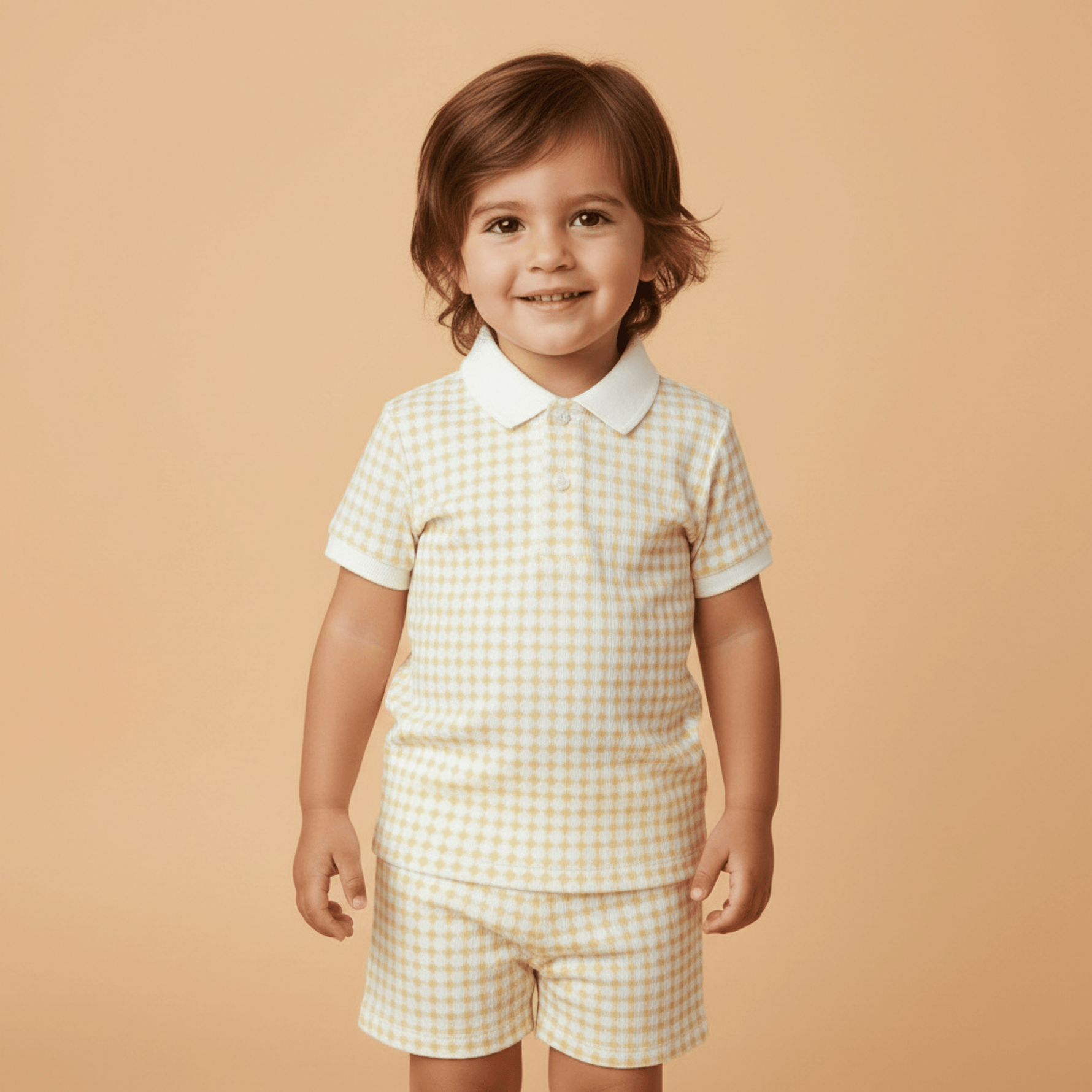 Organic Collar Tee & Shorts Set - Dotty Gingham - Sleeve, Collar, Plaid, Child, Brown hair | Everetts Place