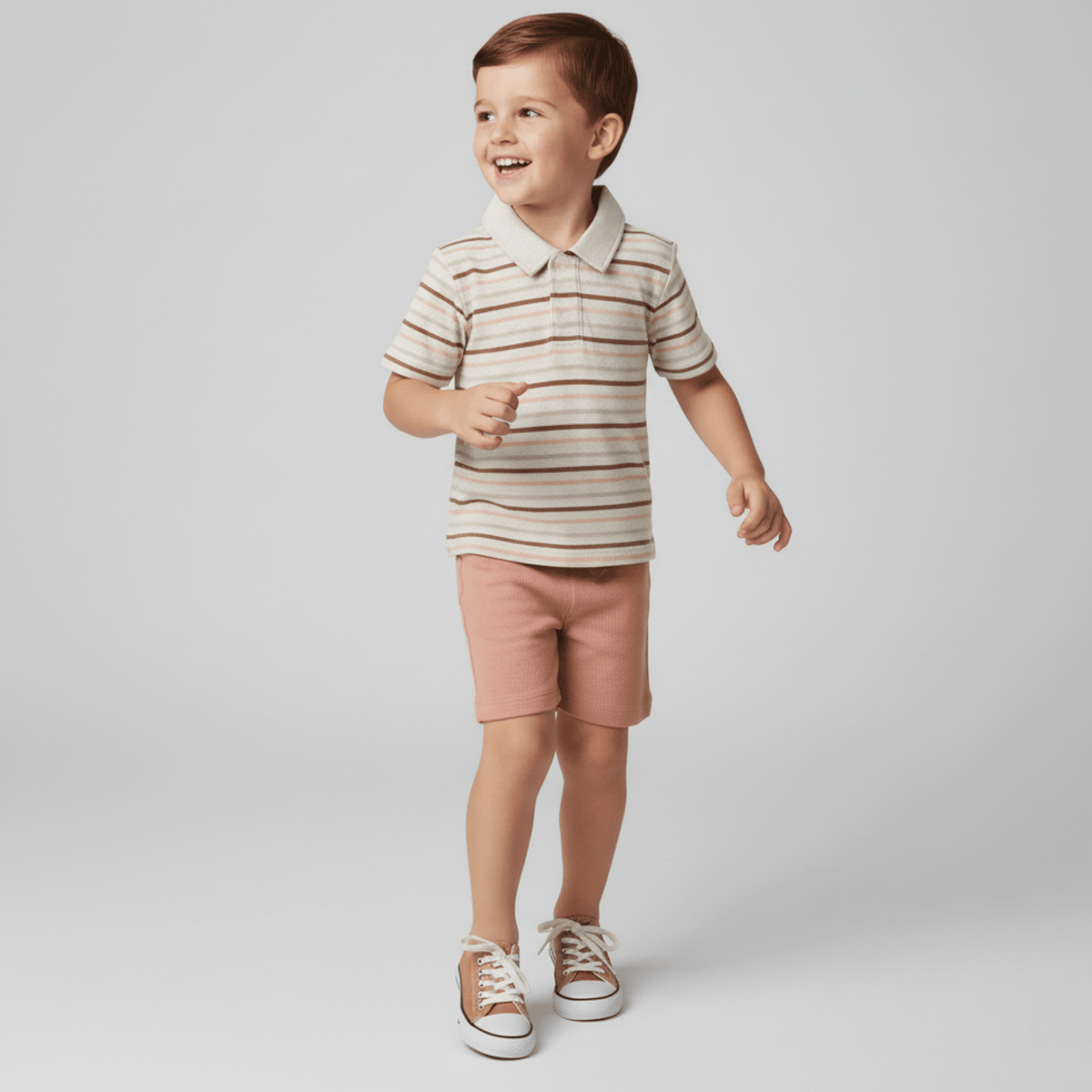 Organic Collar Tee & Shorts Set - Terra Stripes - Sleeve, Collar, Shorts, White, Neck | Everetts Place