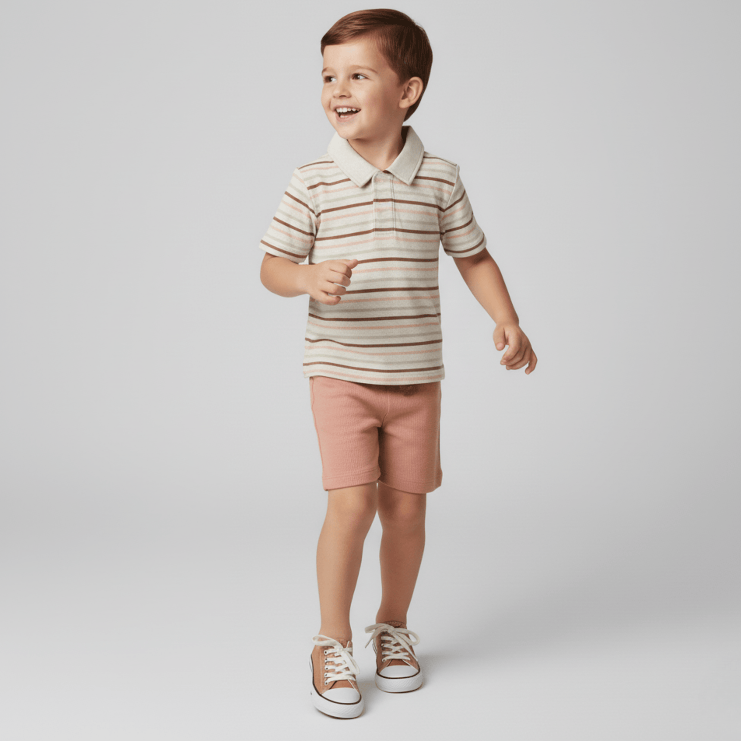 Organic Collar Tee & Shorts Set - Terra Stripes - Sleeve, Collar, Shorts, White, Neck | Everetts Place