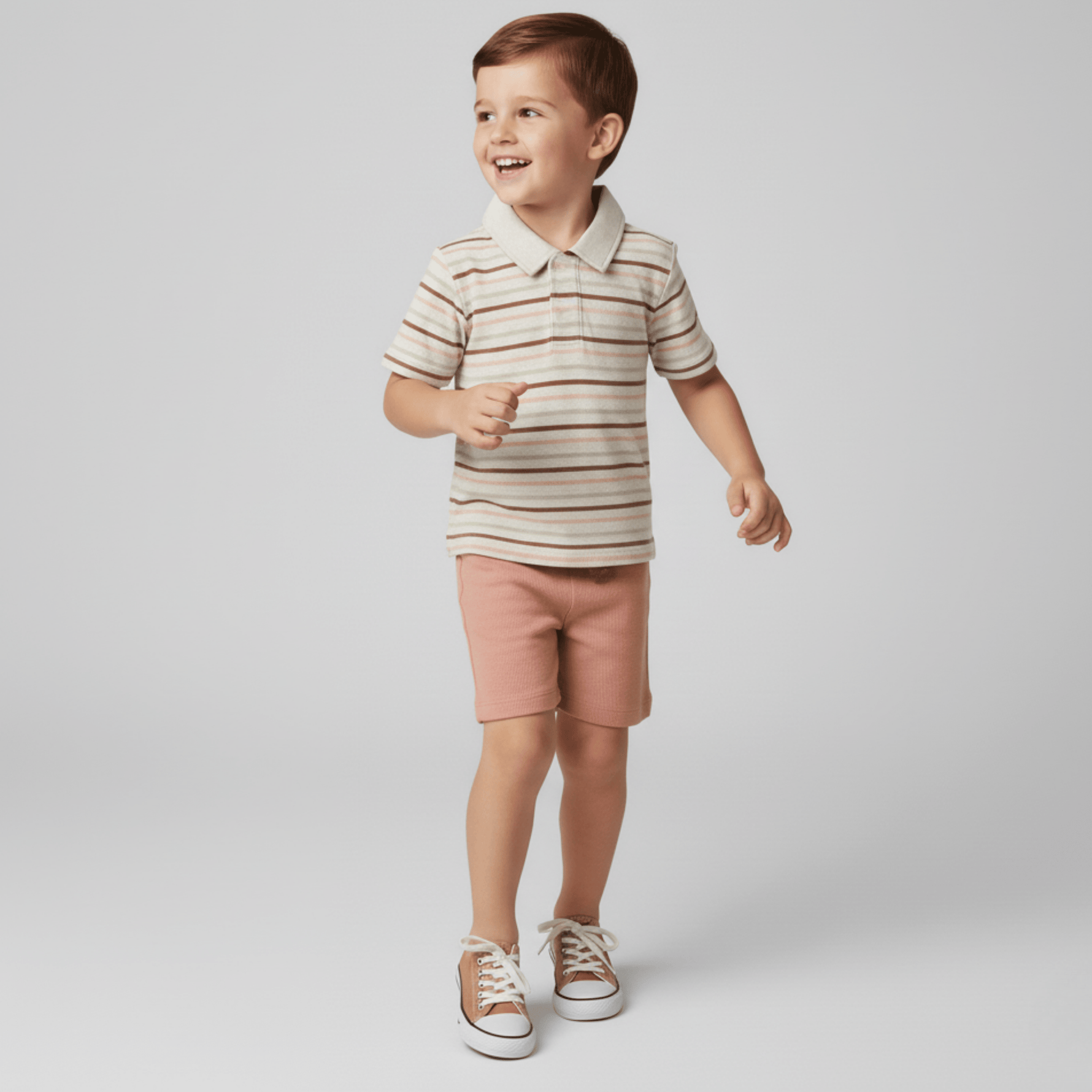 Organic Collar Tee & Shorts Set - Terra Stripes - Sleeve, Collar, Shorts, White, Neck | Everetts Place