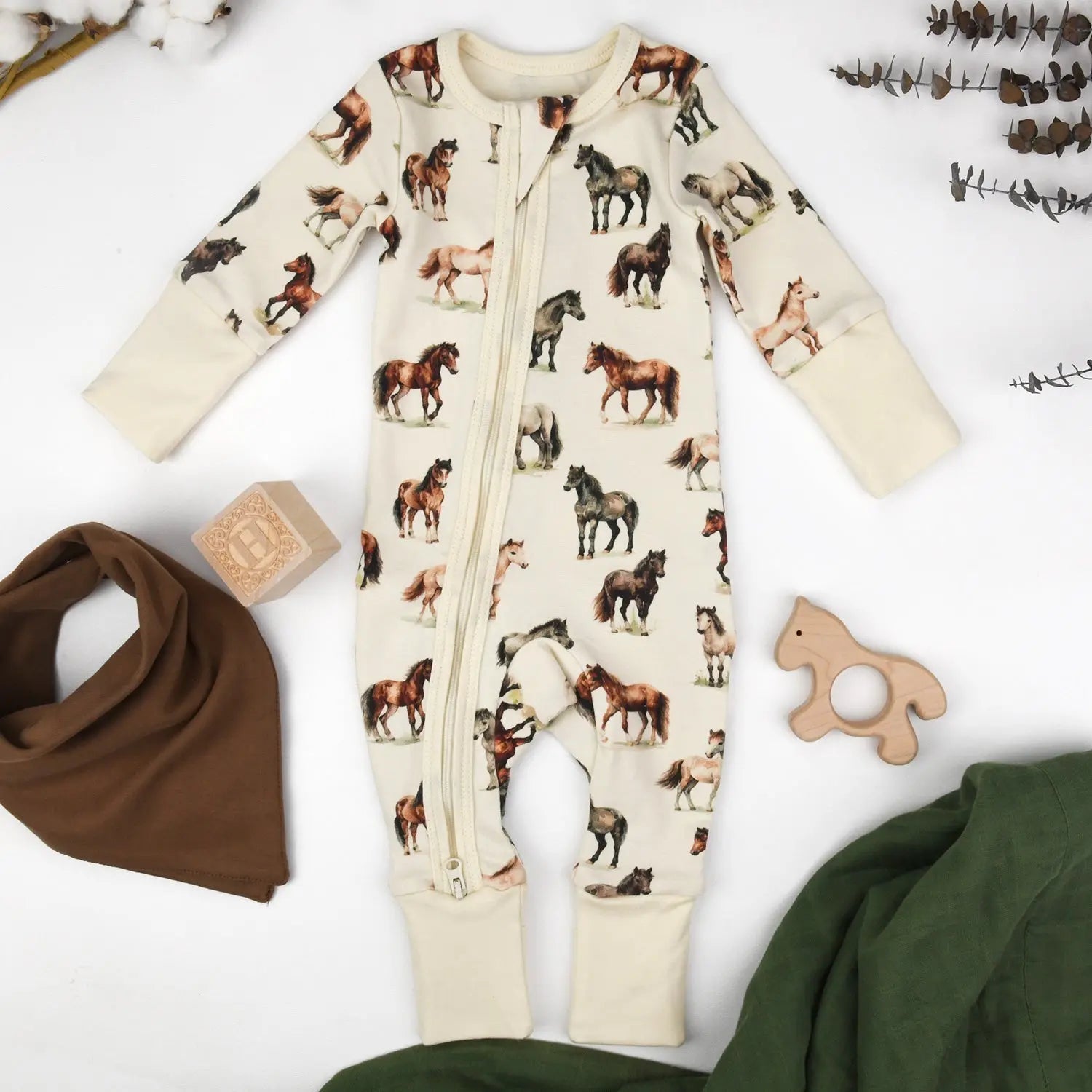 Earthy Organic Cotton Baby Pajamas 2 - Way Zip Front Zipper Sleeper, Colt - 