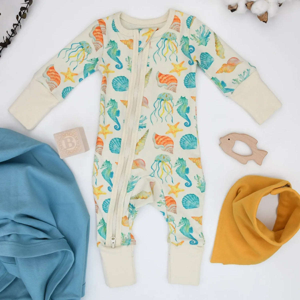 Earthy Organic Cotton Baby Pajamas 2 - Way Zip Front Zipper Sleeper, Reef - 