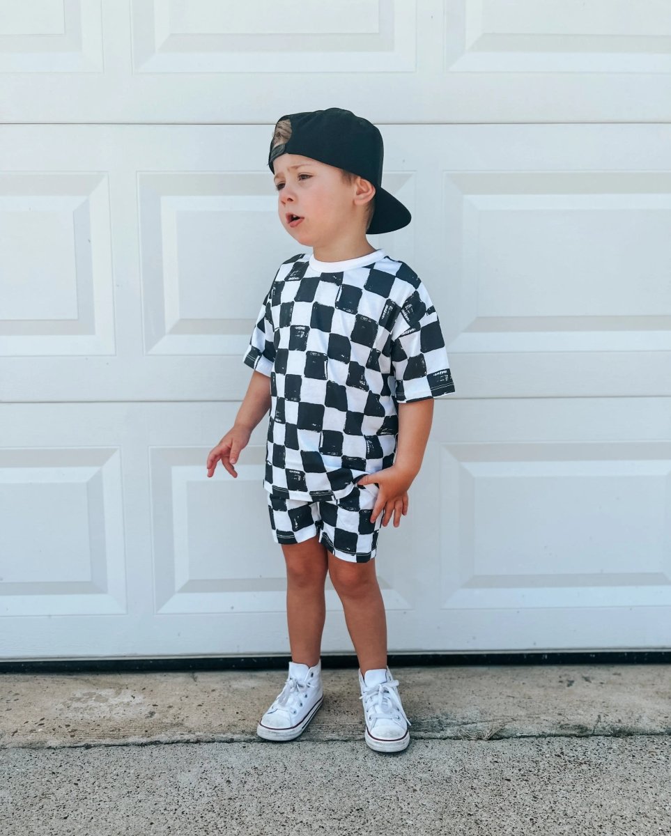 Little Joy Co. Organic Cotton Black and White Checkered Kids Shorts Set - Everetts Place Boutique - 