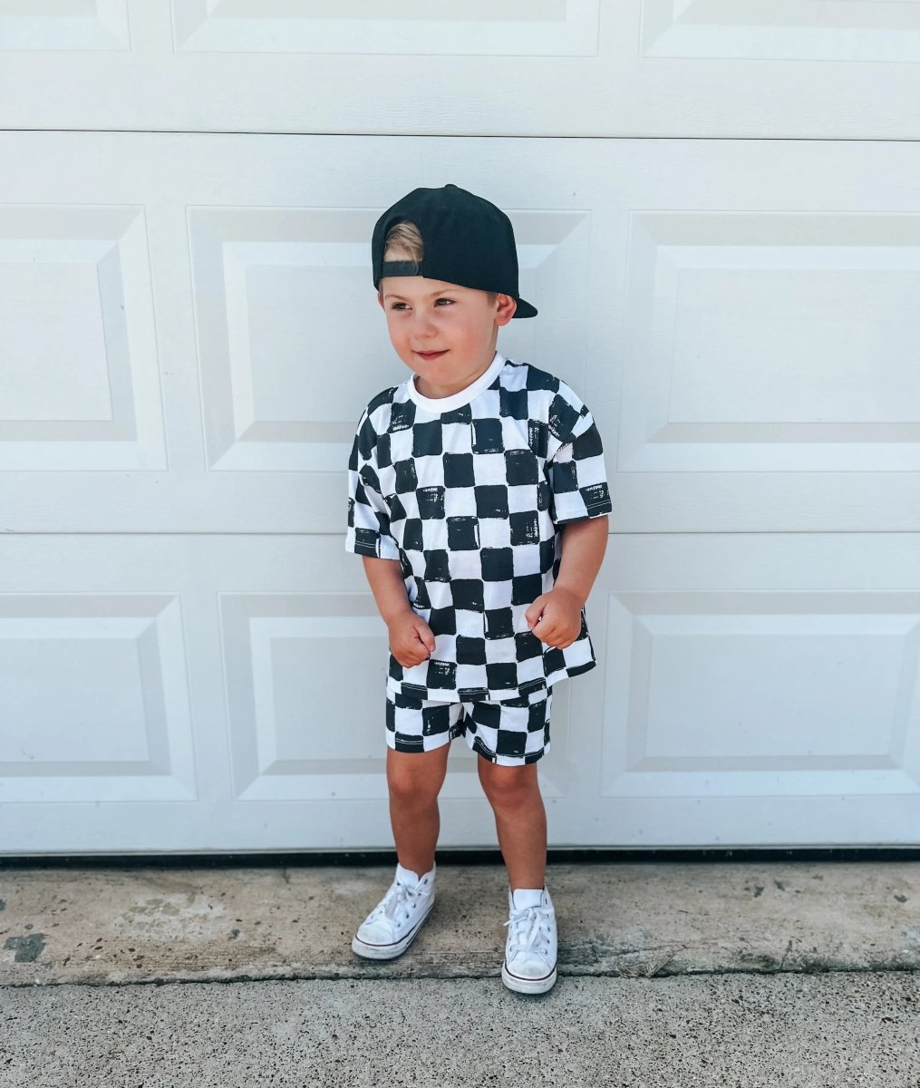 Little Joy Co. Organic Cotton Black and White Checkered Kids Shorts Set - Everetts Place Boutique - 